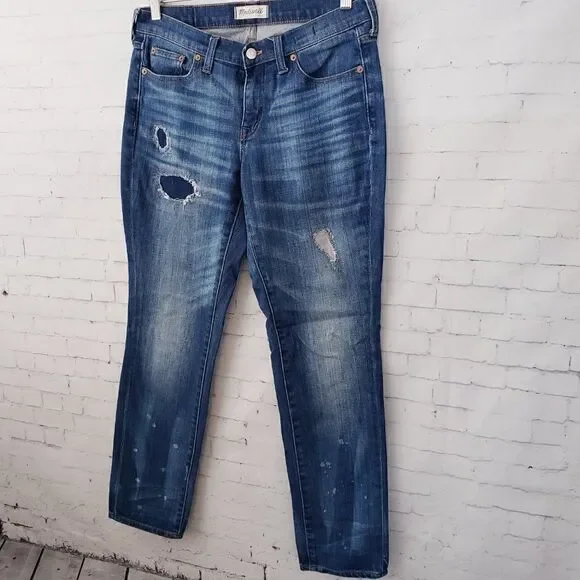 Madewell Slim Boyjean Size 27 Patches Distressed Dark Wash Denim Cotton Blend - Picture 2 of 9
